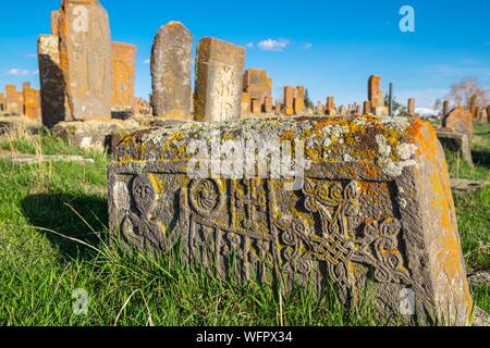 Armenien, Gegharkunik region, Umgebung von Sevan, Noraduz (oder noratus), Friedhof der mittelalterlichen Gräbern genannt Khachkars am Ufer des Sevan See Stockfoto