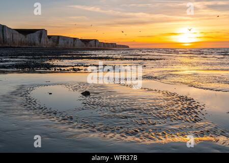 Frankreich, Somme, Ault, Sonnenuntergang auf den Klippen vom Strand von Ault, Wanderer und Fotografen kommen die Landschaft und Seevögeln zu bewundern. Stockfoto