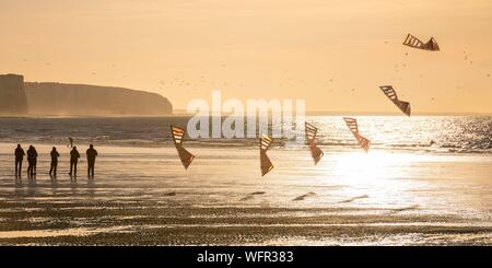 Frankreich, Somme, Ault, Team von cervicists Züge, synchronisiert Drachensteigen am Strand von Ault in der Nähe der Klippen bei Sonnenuntergang Stockfoto