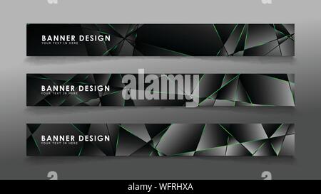 Square banner Vektor Sammlung. Schwarz Premium Hintergrund mit Luxus dunklen polygonalen Muster und grünes Dreieck Linien Stock Vektor