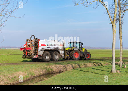 NIJKERK, Niederlande - 2. MÄRZ 2019: Traktor mit Gülle Düngen der Einspritzdüse eine Wiese Stockfoto