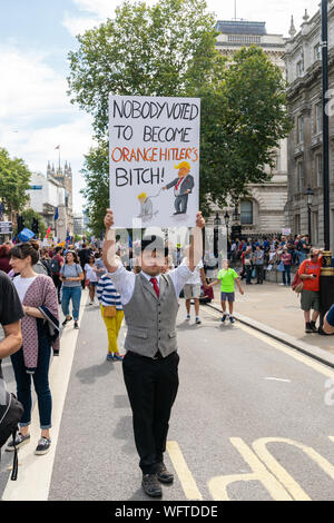 31.Aug 2019 - London, UK. Eine Anti-Brexit Demonstrant hält einen Banner außerhalb der Downing Street im Whitehall. Stockfoto