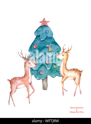Handskizze Abbildung weihnachten Landschaft mit Haus gezogen, Fichte und Hirsche. Uns für Postkarte, Karte, Einladungen und Weihnachtsschmuck. Stockfoto