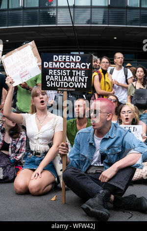 31.Aug 2019 - London, UK. Eine Anti-Brexit Demonstrant hält ein Schild 'Defend Demokratie. Das Parlament Shutdown Widerstehen", während die Straße blockieren. Stockfoto