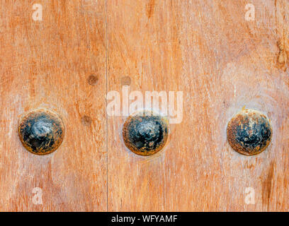 Makroaufnahme von drei Rostige Schrauben auf einem alten, schwere Holztür Stockfoto
