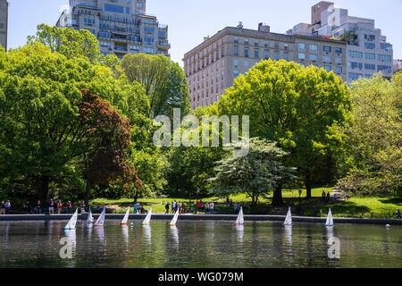 Modell Segelboote auf dem Konservatorium Teich im Central Park, New York City. Stockfoto