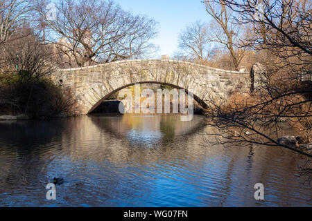 Enten im Teich mit der Gapstow Bridge im Hintergrund, Central Park, New York City. Stockfoto