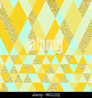 Nahtlose bunte Dreiecke abstrakte Muster mit gold glitzer Textur. Retro Hintergrund von geometrischen Formen. Vintage Dreieck Ornament. Kreative decken, dekorative Muster. Vector Illustration. Stock Vektor