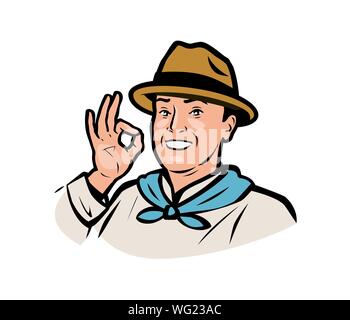 Farmer-Logo. Lustige Erwachsene Mann in einem Hut. Vektorgrafik Stock Vektor