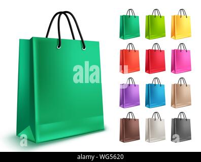 Einkaufstaschen Vektor einrichten. Leere Säcke aus Papier mit den Grünen und andere Farben in Weiß für Shopping und Markt Design Elemente isoliert. Vector Illustration. Stock Vektor