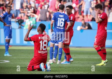 Leverkusen, 31. August 2019: 1.BL - 19/20 - Bayer Leverkusen Vs. TSG 1899 Hoffenheim Wendell (Leverkusen) handeln. Einzelnes Bild. Geste/Geste/gestikulierte / DFL Regelungen die Verwendung von Fotografien als Bildsequenzen und/oder quasi-Video zu verbieten. // | Verwendung weltweit Stockfoto