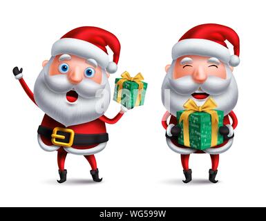 Santa claus Vektor Zeichensatz Holding und Weihnachten, geschenk mit Überraschung und glückliches Gesicht in weißem Hintergrund für Weihnachten Elemente. Stock Vektor