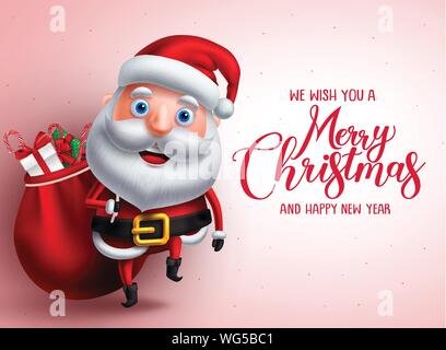 Frohe Weihnachten Gruß mit santa claus Vektor Charakter tragen Geschenke beim Gehen mit Platz für Text in einen Hintergrund für die Weihnachtszeit. Stock Vektor