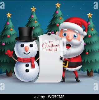 Weihnachtsmann und Schneemann Vektor zeichen Holding leer Weihnachten lish Papier mit einem Weihnachtsbäume Elemente in blauen Hintergrund wünschen. Vektor Stock Vektor