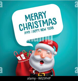 Santa claus Vektor Charakter mit frohe Weihnachten Gruß Text in weißen Sprechblase in blauen Hintergrund. Weihnachten template Vector Illustration. Stock Vektor