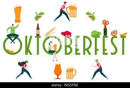 Festliche Vector Illustration mit Inschrift Oktoberfest, Menschen, Bier party Elemente. Oktoberfest Oktoberfest. Design für Poster, party Karte Stock Vektor