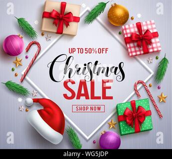 Weihnachten Verkauf werbe Banner mit Geschenken und bunte Weihnachten Elemente in einem Rahmen in weißen Hintergrund. Vector Illustration. Stock Vektor