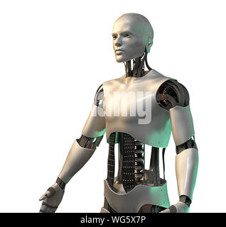 Humanoide Roboter, Cyborg isoliert auf weißem Hintergrund (3D-Hintergrund) Stockfoto