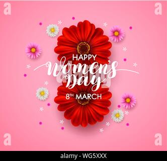 Tag der Frauen vektor Grußkarte Design. Der glückliche Frauen Tag Text mit bunten Blumen in rosa Hintergrund für die 8. März Veranstaltung. Vector Illustration. Stock Vektor