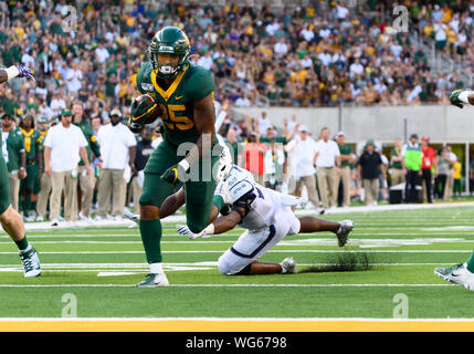 31. August 2019: Baylor Bears zurück laufen Trestan Ebner (25) zählt einen Touchdown in der ersten Hälfte des NCAA Football Spiel zwischen Stephen F. Austin Holzfäller und der Baylor Bären an McLane Stadion in Waco, Texas. Matthew Lynch/CSM Stockfoto