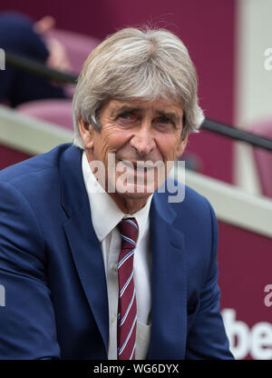 London, Großbritannien. 31 Aug, 2019. West Ham United manager Manuel Pellegrini während der Premier League Match zwischen West Ham United und Norwich City bei den Olympischen Park, London, England am 31. August 2019. Foto von Andy Rowland. Credit: PRiME Media Images/Alamy leben Nachrichten Stockfoto