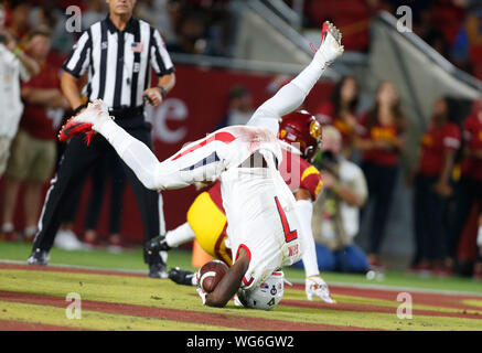 August 31, 2019 Fresno Zustand-Bulldoggen wide receiver Derrion Grim #7 macht einen Haken für einen Touchdown während der NCAA Football Spiel zwischen dem USC Trojans und der Fresno State Bulldoggen am Kolosseum in Los Angeles, Kalifornien. Obligatorische Photo Credit: Charles Baus/CSM Stockfoto