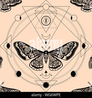 Nacht Motte, Puppe. Heilige Geometrie, esoterische Symbole. Vector Illustration. Nahtlose Muster Stock Vektor