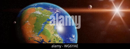 Terraforming des Mars mit den Ozeanen und den Wolken, menschliches Leben auf dem Roten Planeten. Stockfoto