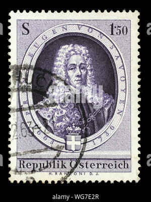 Für die Briefmarke Österreich zeigt die 300-Jahr-Feier von Prinz Eugen von Savoyen (1663-1736) Feldherrn und Staatsmannes, circa 1963. Stockfoto