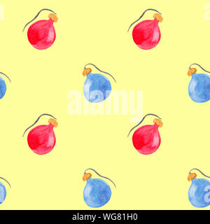 Nahtlose aquarell Muster mit roten und blauen Weihnachtsbaumschmuck. Neues Jahr festliche Hintergrund. Vorlage für Stoff oder Verpackung Papier drucken. Hand zeichnen Stockfoto