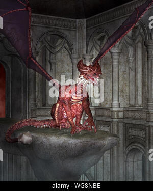 Mythologische Red Dragon warten auf einem Felsen im Inneren auf alten Tempel Stockfoto