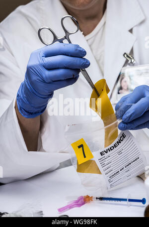 Spezialisierte Polizei Analysen Gummi mit Spuren von Blut von einem Opfer einer Überdosierung mit Pinzette, konzeptionelle Bild Stockfoto