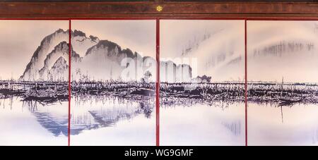 Bild einer Landschaft auf einem Blatt Papier an der Wand, Shoji, Kennin-ji, Tempel, Komatsucho Kenninji, Kyoto, Japan Stockfoto