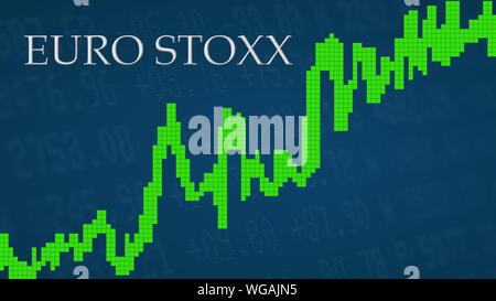 Der EURO STOXX, ein Aktienindex der Eurozone wird. Die grüne Grafik neben dem Silber EURO STOXX Titel auf blauem Hintergrund zeigt. Stockfoto