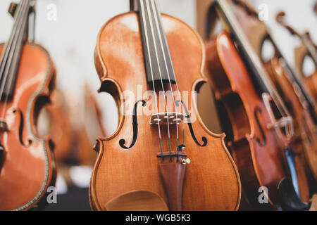 Details mit Teilen von Violinen, bevor eine sinfonische Klassik Konzert Stockfoto