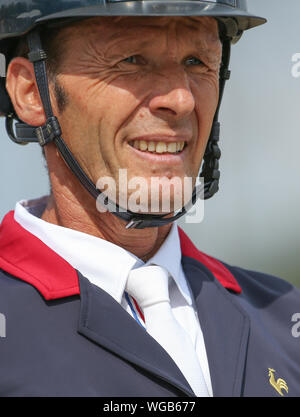 01. September 2019, Niedersachsen, Luhmühlen: Pferdesport, Eventing, Europäische Meisterschaft: Die Französische eventing rider Jean Lou Bigot, zugelassen nach dem Springen. Foto: Friso Gentsch/dpa Stockfoto