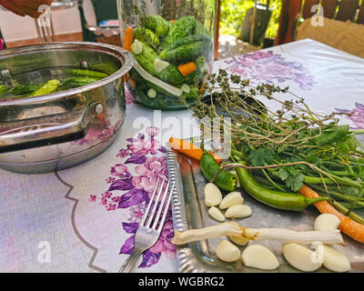 Prepairing hausgemachte saure Gurken im Glas: Gurke, Knoblauch, Karotte, Brache, Pfeffer und Basilikum Stockfoto