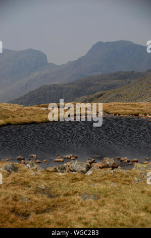 Die wainwrights Scafell & Scafell Pike aus drei Bergseen in der Scharte zwischen Bowfell & Crinkle Crags, Nationalpark Lake District, Cumbria, England, Vereinigtes Königreich, Stockfoto