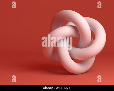 Geometrische Darstellung des Torus knot. Abstract weiß auf rotem Hintergrund mit weichen Schatten. 3D Rendering illustration Stockfoto