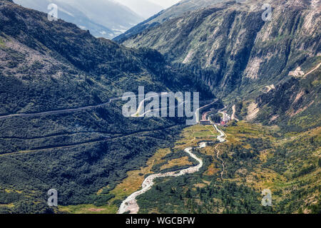 Panorama Aussicht vom Rhonegletscher, Furka und Grimsel Pass in der Nähe von gletsch, Schweiz Stockfoto