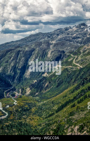 Panorama Aussicht vom Rhonegletscher, Furka und Grimsel Pass in der Nähe von gletsch, Schweiz Stockfoto