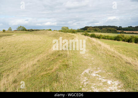 Blick auf Figsbury Ring, ein Bügeleisen alter Hill fort und neolithischen Gehäuse und Sssi, in Wiltshire, England, Großbritannien Stockfoto