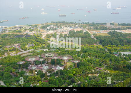 Singapur - 25 AUG 2019 - Luftbild der Gärten durch die Bucht vom Dach des Marina Bay Sands Resort an der Bucht vor in Singapur gesehen. Stockfoto