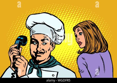Chef am Telefon, eine Frau Client hört. Pop Art retro Vektor illustration Zeichnung Stock Vektor