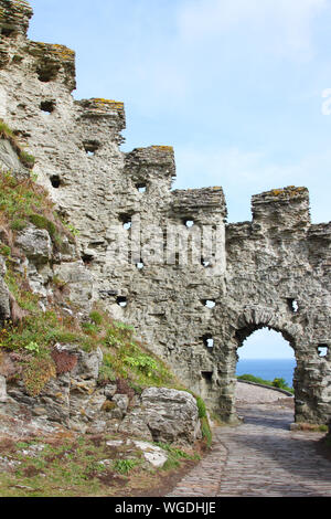 Reste der Burg Tintagel mit Atlantik im Hintergrund Stockfoto