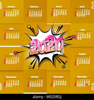 2020 Comic Text Vorlage Kalender pop art Stock Vektor