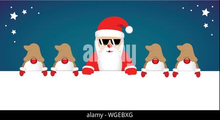 Cute Santa Claus mit Brille und seine Zwerge weiße Banner Vektor-illustration EPS 10. Stock Vektor