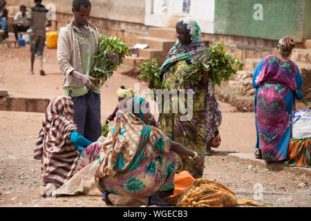 HARAR, Äthiopien - April 17: Unbekannter Menschen kaufen und Qat, ein süchtig machendes Reizmittel verkaufen, in Harar, Äthiopien am 17. April 2015 Stockfoto