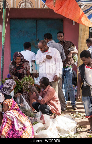 HARAR, Äthiopien - April 17, 2015: Unbekannter Händler und Kunden kaufen und Qat, ein süchtig machendes Reizmittel verkaufen, in der Stadt Harar, Äthiopien Stockfoto