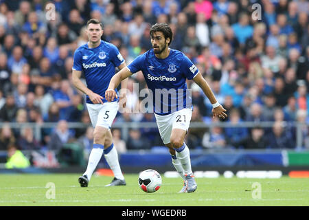 Liverpool, Großbritannien. 01 Sep, 2019. Andre Gomes von Everton in Aktion. Premier League match, Everton v Wolverhampton Wanderers im Goodison Park in Liverpool am Sonntag, den 1. September 2019. Dieses Bild dürfen nur für redaktionelle Zwecke verwendet werden. Nur die redaktionelle Nutzung, eine Lizenz für die gewerbliche Nutzung erforderlich. Keine Verwendung in Wetten, Spiele oder einer einzelnen Verein/Liga/player Publikationen. pic von Chris Stading/Andrew Orchard sport Fotografie/Alamy Live news Credit: Andrew Orchard sport Fotografie/Alamy leben Nachrichten Stockfoto